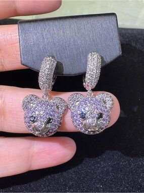 Silver-Tone Purple Crystal Bear Drop Earrings - Women Jewelry
